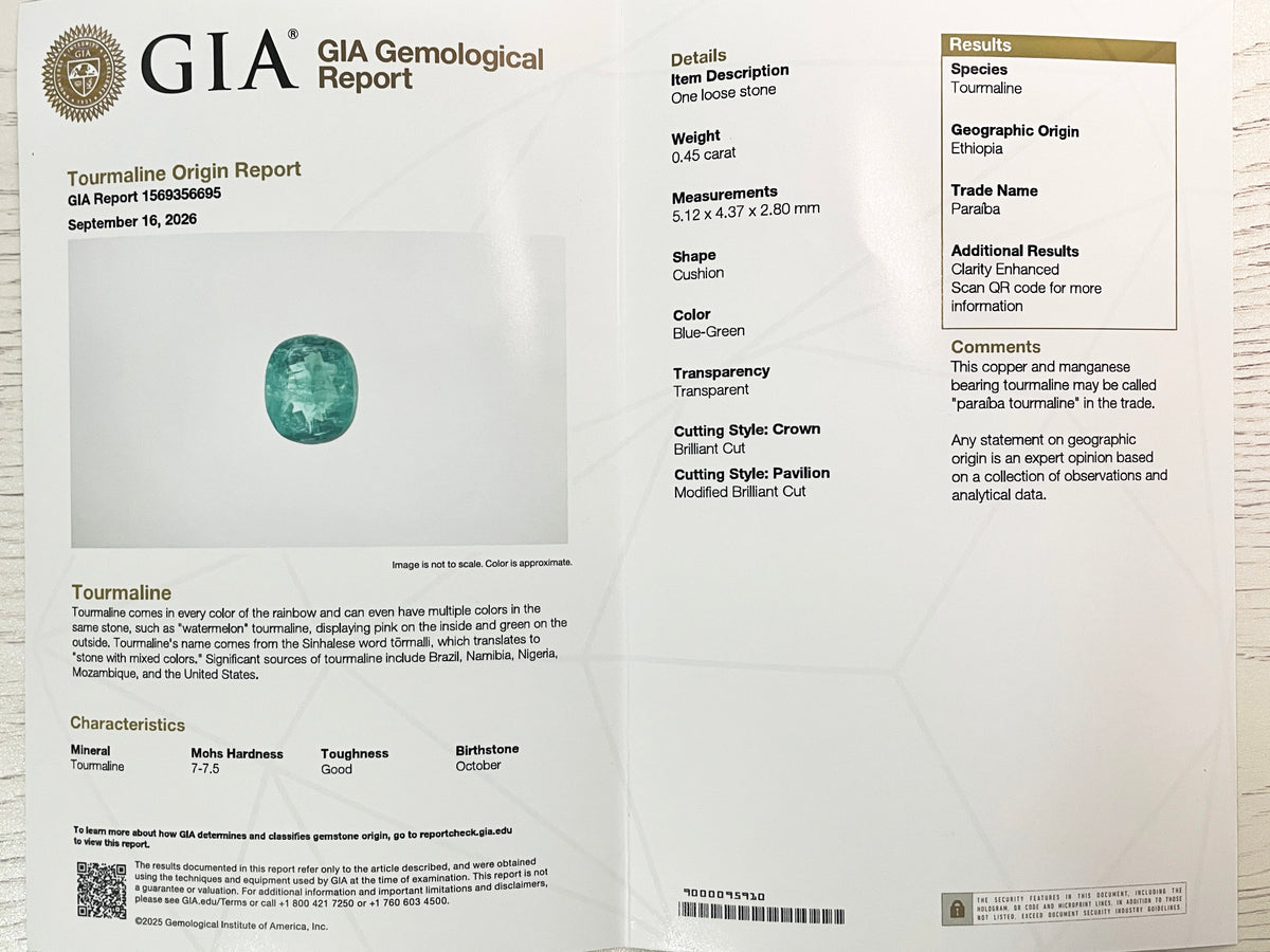 【GIA鑑別書付】パライバトルマリン　クッションカット　エチオピア産　0.45ct   【261009-3593】