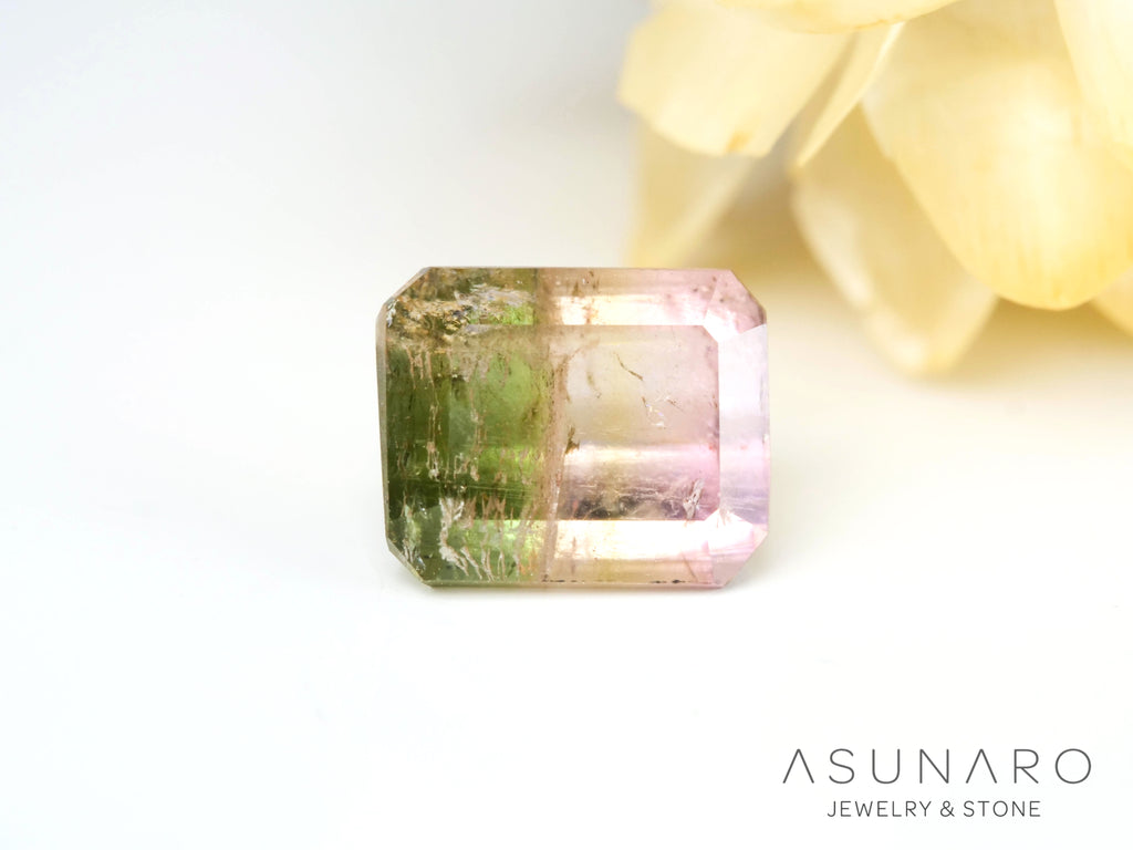 桜餅バイカラードトルマリン　エメラルドカット　アフガニスタン産　1.04ct【250203-2723】