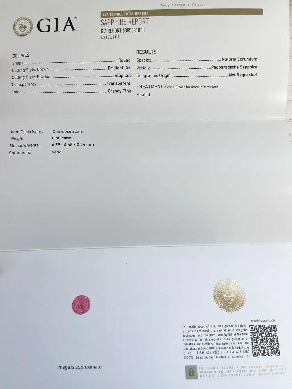 パパラチアサファイア 　ラウンドカット　 スリランカ産　0.50ct　GIA鑑別書付【221203-734】