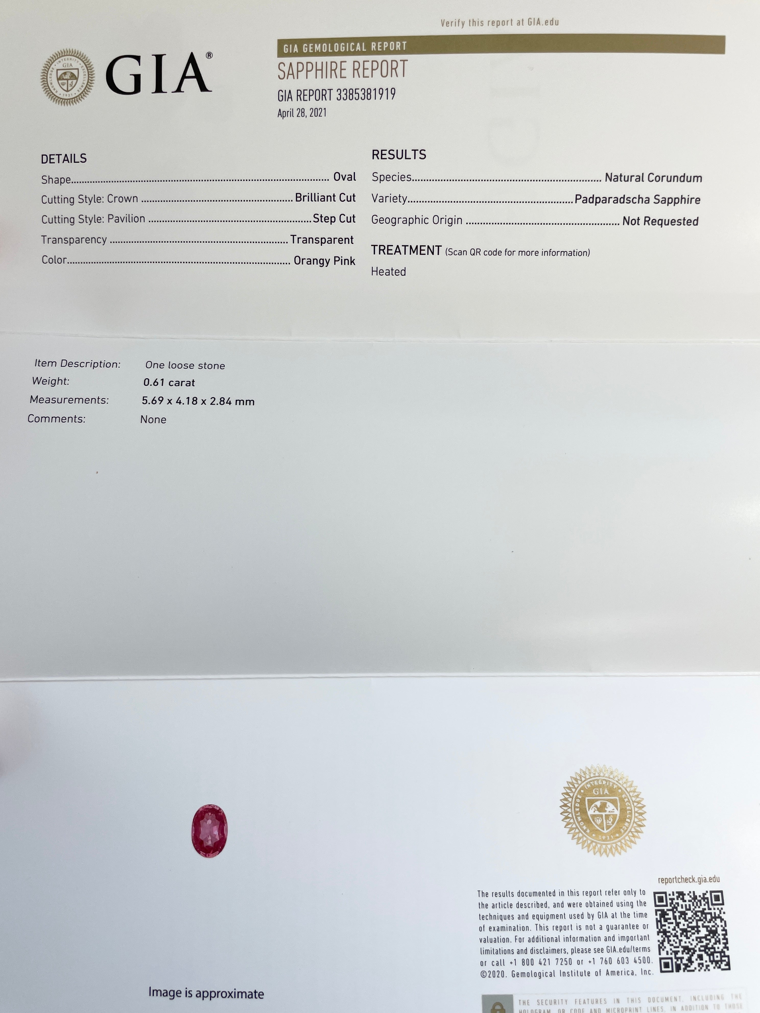 パパラチアサファイア 　オーバルカット　 スリランカ産　0.61ct　GIA鑑別書付【221203-735】