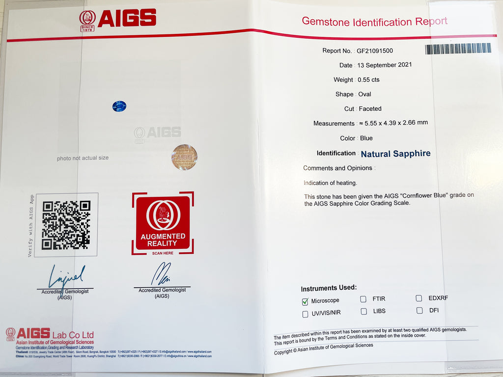コーンフラワーブルーサファイア 　オーバルカット スリランカ産　0.55ct　AIGS鑑別書付【230120-1362】
