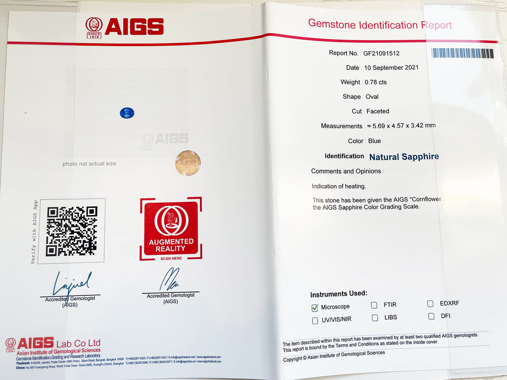 コーンフラワーブルーサファイア 　オーバルカット スリランカ産　0.78ct　AIGS鑑別書付【230120-1363】