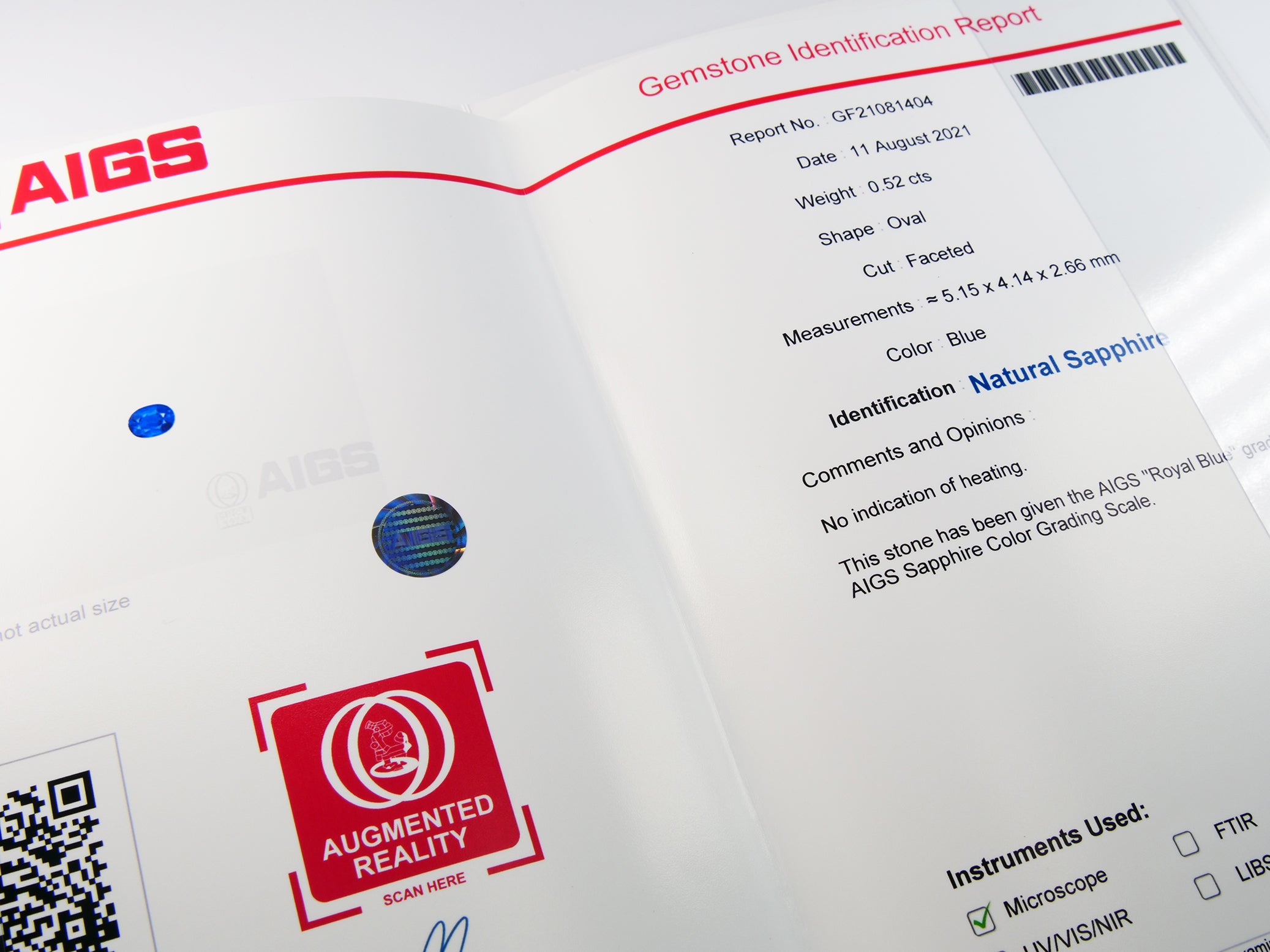 非加熱ロイヤルブルーサファイア 　オーバルカット スリランカ産　0.52ct　AIGS鑑別書付【220104-276】