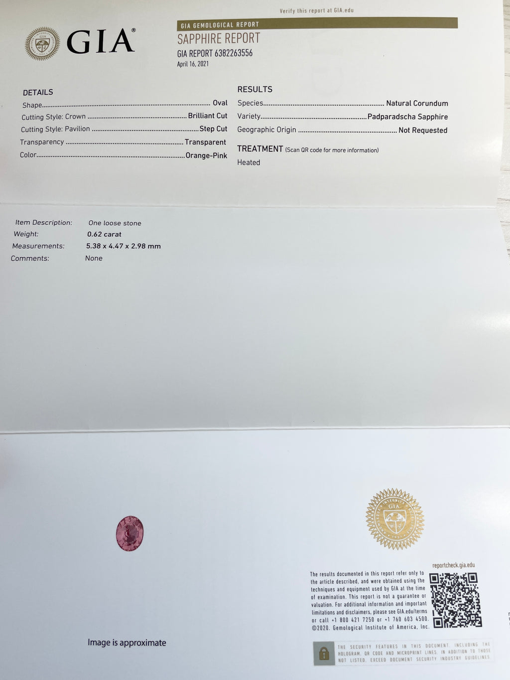 パパラチアサファイア 　オーバルカット　 スリランカ産　0.62ct　GIA鑑別書付【221203-736】