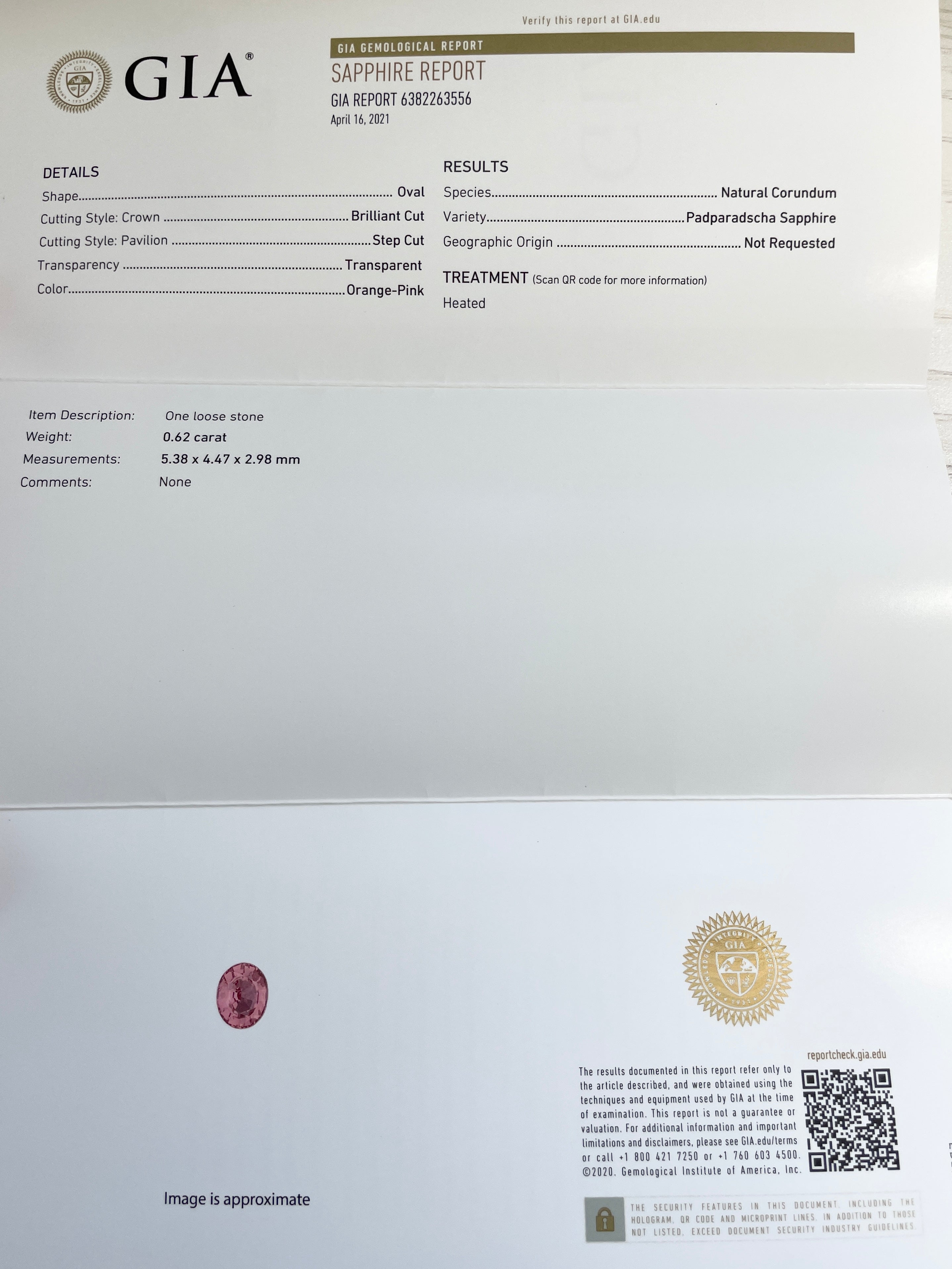 パパラチアサファイア 　オーバルカット　 スリランカ産　0.62ct　GIA鑑別書付【221203-736】